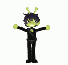 a cartoon character is dancing with his arms in the air while wearing a black outfit .