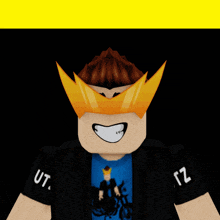 a cartoon character wearing a black shirt with the letters ut and tz on it