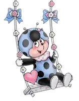 a ladybug is sitting on a swing with a pink heart