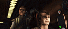 two cartoon characters are standing next to each other with a green light on their face