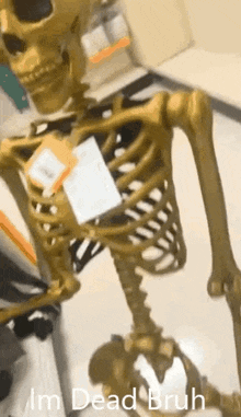 a picture of a skeleton with the words im dead bruh written on it