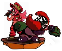 a cartoon drawing of a girl holding a microphone next to a monster with big eyes