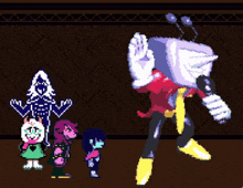 a group of cartoon characters standing next to each other in a pixel art scene