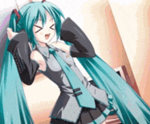 a girl with long blue hair is making a funny face