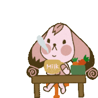 a cartoon rabbit is sitting at a table with a cup of milk