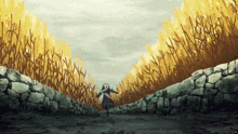 a painting of a girl running across a stone wall in a field