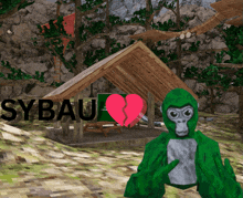 a green gorilla with a broken heart in front of a sybau sign