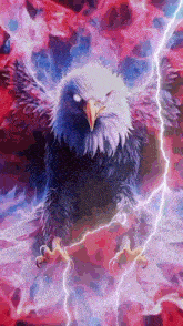 a bald eagle is standing in front of a lightning bolt and smoke .
