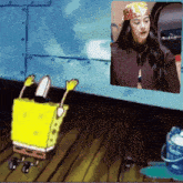 a cartoon of spongebob and a picture of a woman in a bandana