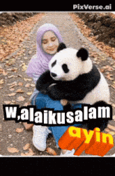 a woman in a hijab is hugging a stuffed panda bear that says pixverse.ai on the bottom