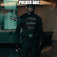 a man in a superhero costume is holding a shield and a gun with polker arc written above him