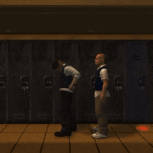 two men standing in front of a row of lockers with letters a and b on them