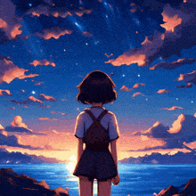 a girl with a backpack stands in front of a sunset over a body of water