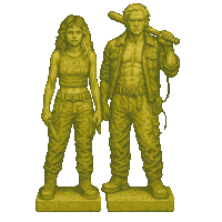 a statue of a man and a woman with one wearing a shirt that says " mean deadman "