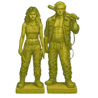 a statue of a man and a woman with one wearing a shirt that says " mean deadman "