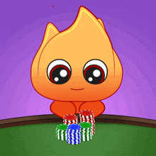 a cartoon character holding stacks of poker chips on a table
