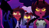 three cartoon characters are standing next to each other with their eyes glowing brightly