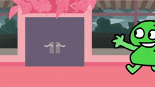 a green cartoon character is standing in front of a door that has the letter j on it