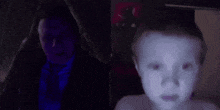 a man in a suit and tie is standing next to a little boy who is crying .