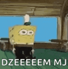 spongebob squarepants is standing in front of a window in a room and dancing .