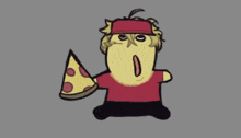 a cartoon character is holding a slice of pizza in his hand