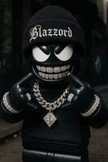 a cartoon character wearing a black beanie and a necklace with the word blazzard on it