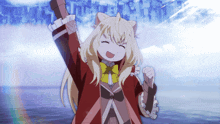 a girl with blonde hair and a red coat is holding up her fist