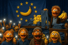 a group of sesame street characters are holding cell phones in front of a flag with stars and a banana on it
