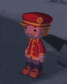 a cartoon character is wearing a red hat and a red and yellow jacket