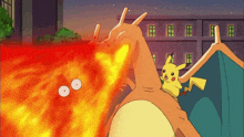 a cartoon of pikachu and a dragon with flames coming out of its mouth
