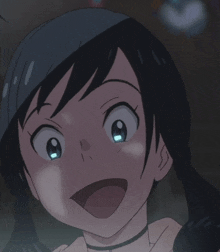 a close up of a cartoon character with blue eyes