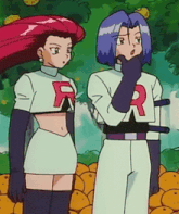 two cartoon characters , jessie and james , are standing next to each other in a field of oranges .