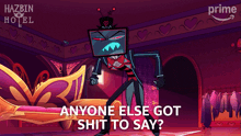 a cartoon character from hazbin hotel is standing in a room