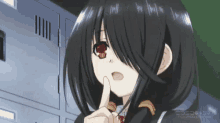 a girl with long black hair and red eyes is holding her finger to her lips .