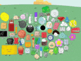 a bunch of cartoon characters on a green background including a basketball and a mcdonald 's bucket