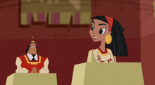 a man and a woman are sitting at podiums in a cartoon