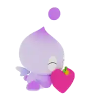a purple cartoon character holds a pink heart in its mouth