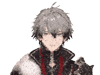 a close up of a anime character with gray hair