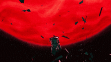 a red background with a lot of pieces of glass flying around