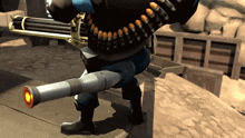 a soldier with a belt of bullets and a cannon on his back