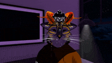 a drawing of a cat with horns and a purple background