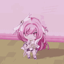 a cartoon girl with long pink hair is sitting on the floor with her eyes closed