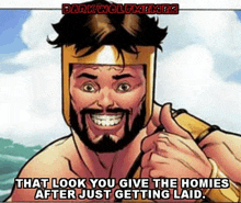 a man with a beard and a helmet is giving a thumbs up .