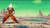 a cartoon character is standing in the middle of a desert in a fighting pose .