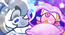 a cartoon character is sleeping in an oyster shell next to a pink fish .
