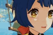 a close up of a anime character 's face with a boat in the background