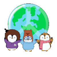 three penguins holding hands in front of a peace sign globe