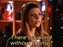 a woman is talking about a world without shrimp