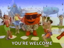 a cartoon character with sunglasses and a chef hat says you 're welcome .