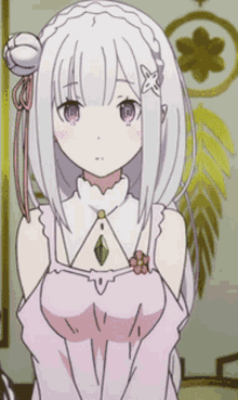 a girl with white hair and purple eyes is wearing a pink top